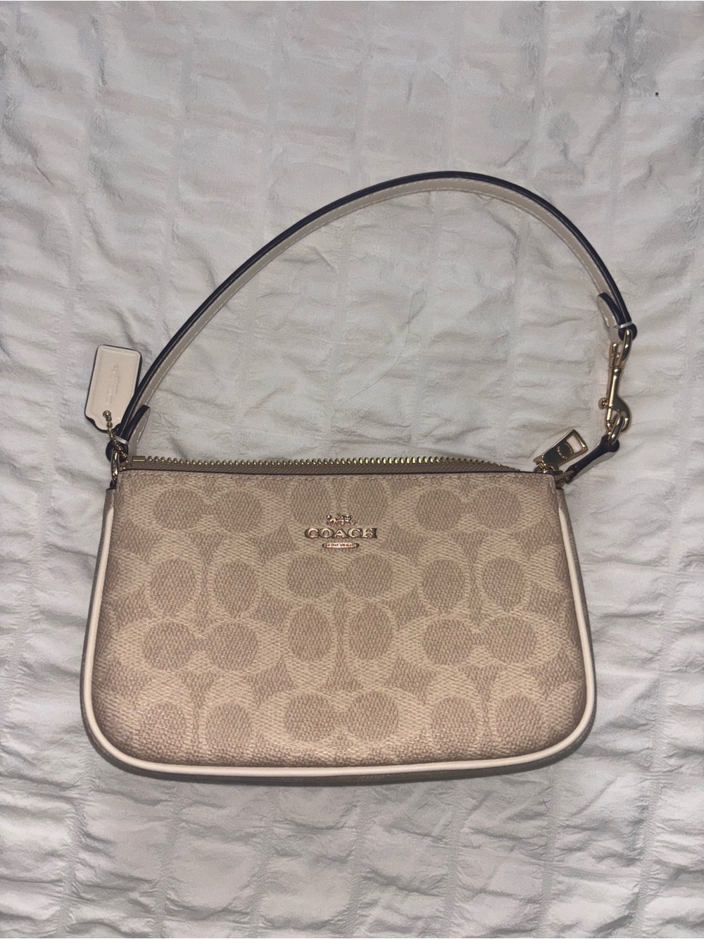 Coach Beige Khaki Logo-Print Small Shoulder Bag with Chalk Trim